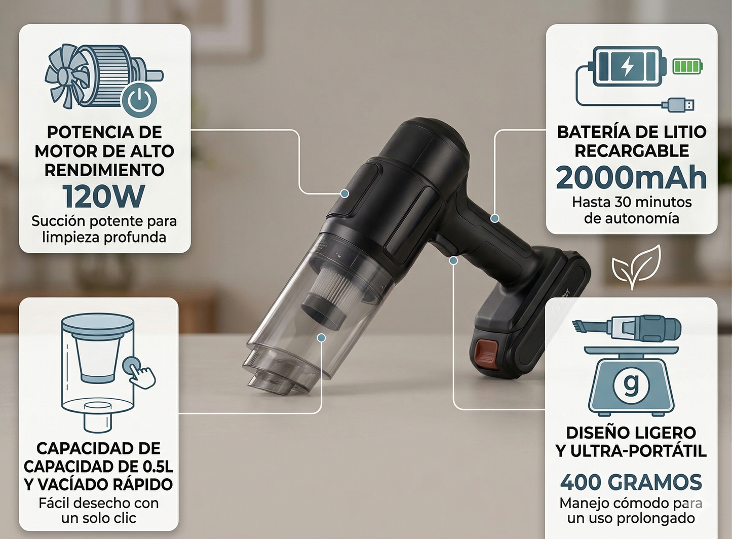 Aspiradora inalambrica portatil y recargable